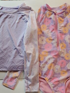 Girl's Size 10-12 Swimsuit And Swim Top Rash Guard Pink Flowers Purple